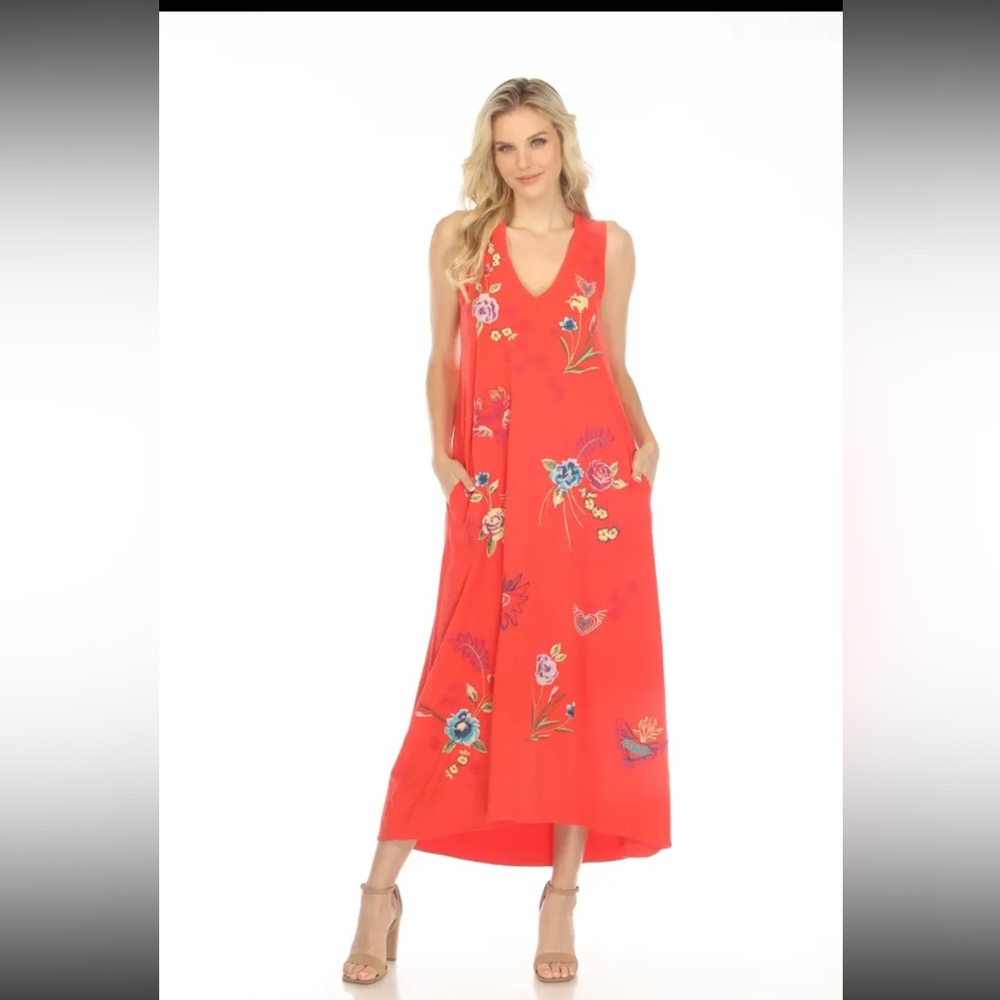 Johnny Was Jessi Knit V-Neck Floral-Embroidered Maxi Dress Size Small